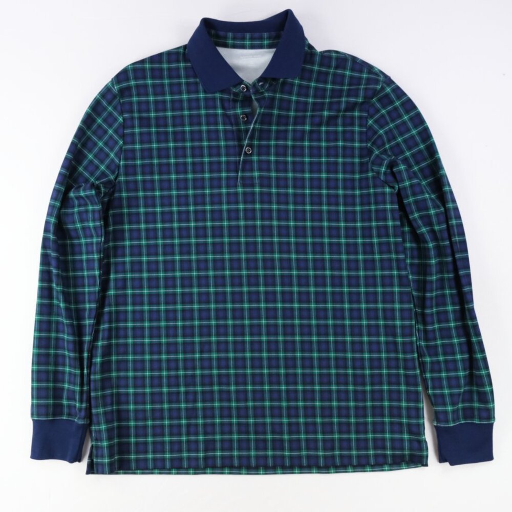 Lands End Traditional Fit Polo Shirt Men’s Size L Long Sleeve Plaid Green Blue